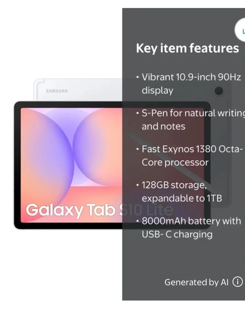 Samsung Galaxy Tab S10 Lite - White Tablet with S Pen